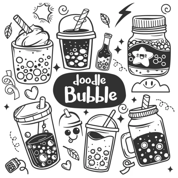 Tea Buborékokkal Tejjel Doodle Boba Tej Tea Kávék Üdítők Firkákkal — Stock Vector
