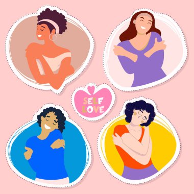 Kendin için de bir paket sevgi. Vücut konseptine bayıldım. Kız Sağlık Hizmetleri Derisi. Kendine zaman ayır. Vektör çizimi. Kadın kendine sarılıyor. Çizgi çizme biçimi