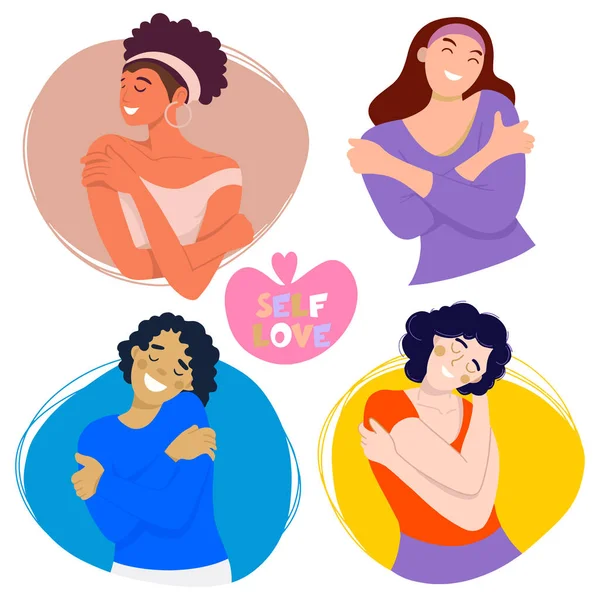 Kendini sev. Vücut konseptine bayıldım. Kız Sağlık Hizmetleri Derisi. Kendine zaman ayır. Vektör çizimi. Kadın kendine sarılıyor. Çizgi çizme biçimi