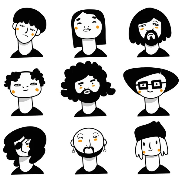 Hand Drawn People Avatar Collection Set Different Head Portrait Coloring — Stock Vector