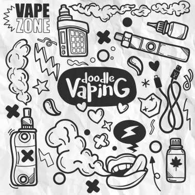 Karalama tarzında sigara vektörleri. El yapımı illüstrasyon Tütün, çakmak ve elektronik sigara konsepti