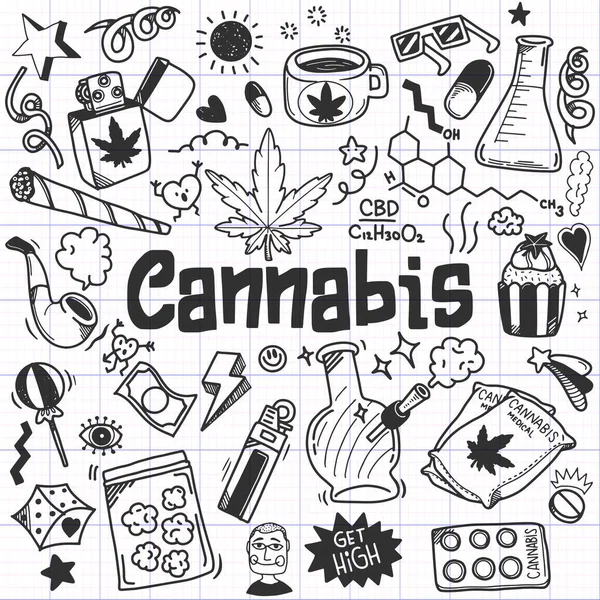 Conjunto Garabatos Cannabis Doodle Iconos Sketch Vector Diseño Hecho Mano — Vector de stock