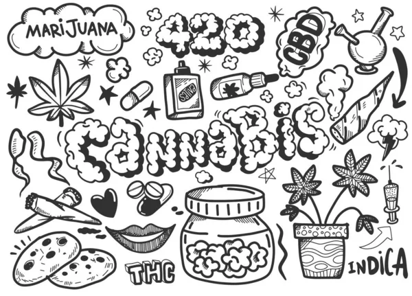 Zestaw Bazgrołów Marihuany Ikony Doodle Sketch Ręcznie Robione Wektor Projektu — Wektor stockowy