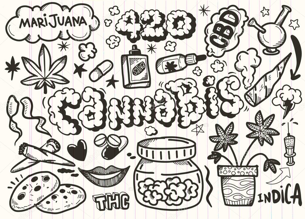 Cannabis doodles set,.Doodle Icons Sketch Hand Made Design Vector,Hand drawn marijuana leaves, smoking pipes, joints, bongs and other element