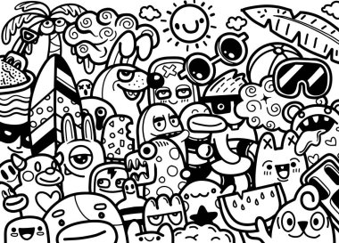Doodle tarzı soyut grunge şehir tarzı ve yaz konseptinde canavar karakterler.