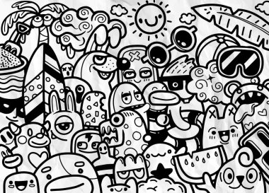 Doodle tarzı soyut grunge şehir tarzı ve yaz konseptinde canavar karakterler.