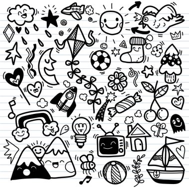 Çocuklar için çizim sevimli vektör illüstrasyonu, beyaz arka planda süsleme için el çizimi şirin karalamalar, komik el çizimi, boyama sayfası.