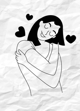 Kendini sev. Kendine sarıl, tek başına aşk kavramı. Kız Sağlık Hizmetleri Derisi. Kendine zaman ayır. Vektör çizimi. Beyaz arka planda kırmızı kalplerle kendine sarılan bir kadın. Çizgi çizme biçimi.