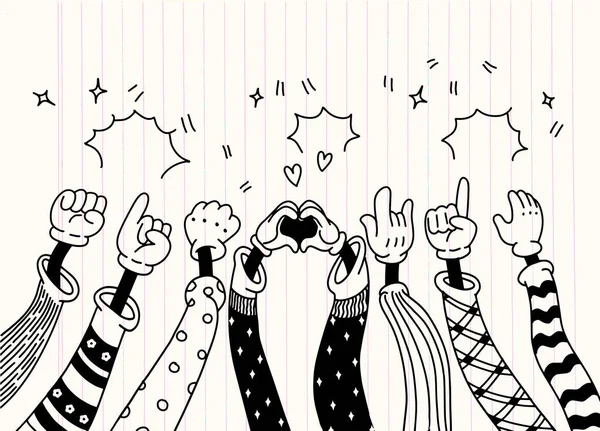 Mano Disegnata Mani Applaudendo Ovazione Applausi Pollice Gesto Stile Doodle — Vettoriale Stock