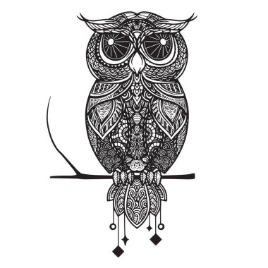 OWL Siyah beyaz el çizimi. Etnik desenli illüstrasyon. Afrikalı, Hintli, totem, kabile, tasarım. Yetişkin boyama sayfası için çizim, dövme, poster, baskı, tişört