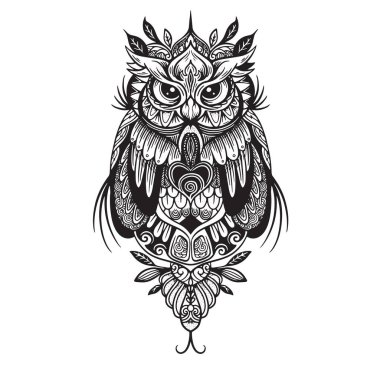 OWL Black white hand drawn doodle. Ethnic patterned  illustration. African, indian, totem, tribal, design. Sketch for adult  coloring page, tattoo, poster, print, t shirt