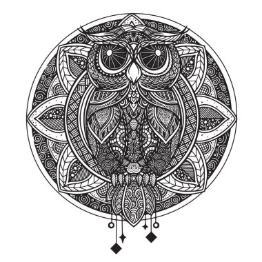 OWL and  Black white hand drawn doodle. Ethnic patterned illustration. African, indian, totem, tribal, design. Sketch for adult  coloring page, tattoo, poster, print, t shirt