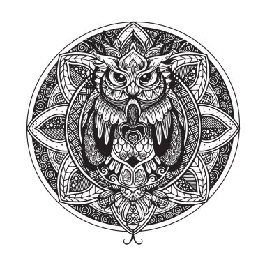 OWL and  Black white hand drawn doodle. Ethnic patterned illustration. African, indian, totem, tribal, design. Sketch for adult  coloring page, tattoo, poster, print, t shirt