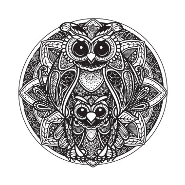 OWL and  Black white hand drawn doodle. Ethnic patterned illustration. African, indian, totem, tribal, design. Sketch for adult  coloring page, tattoo, poster, print, t shirt