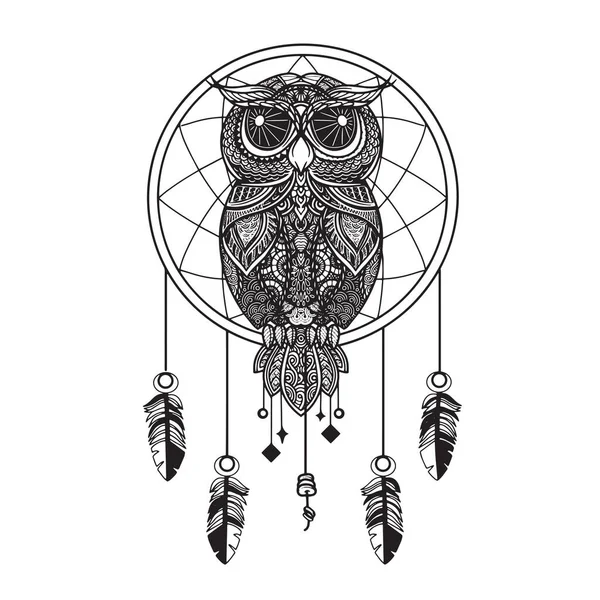 Owl Dream Catcher Black White Hand Drawn Doodle Ethnic Patterned — Vetor de Stock