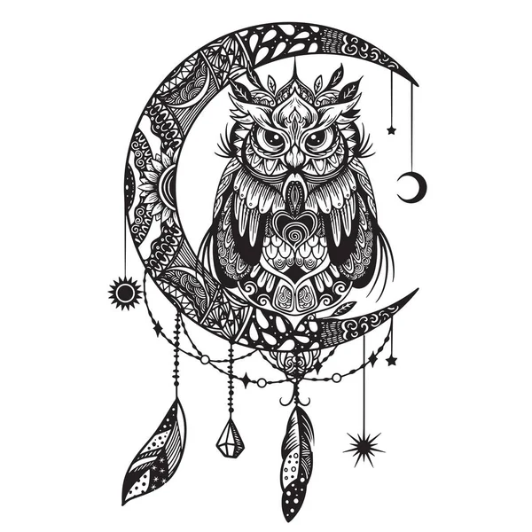 Owl Moon Black White Mandala Abstract Ethnic Aztec Ornament Pattern — Vector de stock