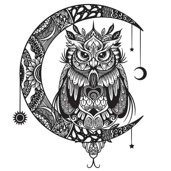 Owl Moon Black White Mandala Abstract Ethnic Aztec Ornament Pattern — Stockvector