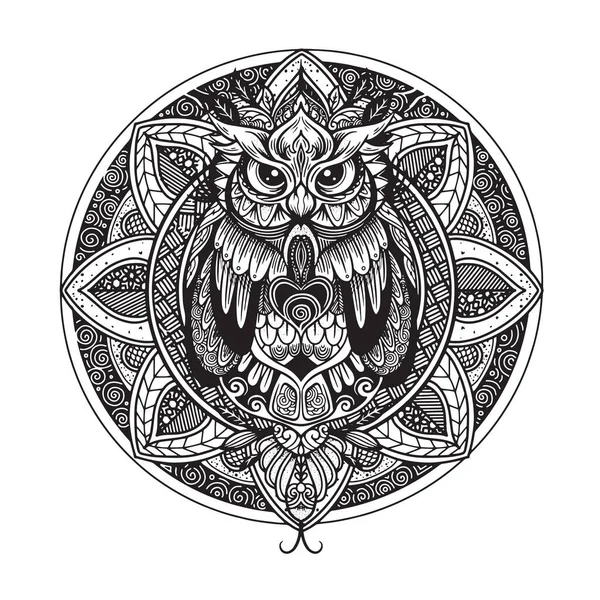Owl Black White Hand Drawn Doodle Ethnic Patterned Illustration African — Vettoriale Stock