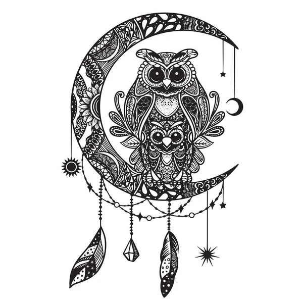 Uil Maan Zwart Wit Mandala Met Abstract Etnisch Azteekse Ornamenten — Stockvector