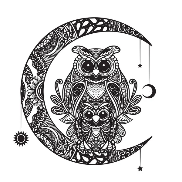 Owl Moon Black White Mandala Abstract Ethnic Aztec Ornament Pattern — Stockvector