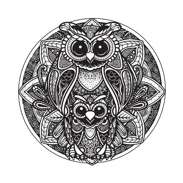 Owl Black White Hand Drawn Doodle Ethnic Patterned Illustration African — Stockvector