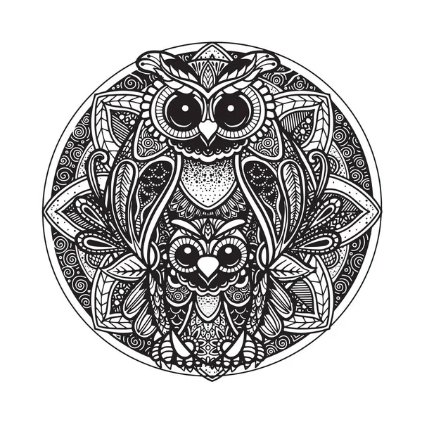 OWL and  Black white hand drawn doodle. Ethnic patterned illustration. African, indian, totem, tribal, design. Sketch for adult  coloring page, tattoo, poster, print, t shirt