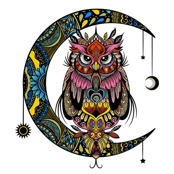 Búho Colorido Zentangle Ilustración Arte Ilustración Vectorial Con Patrones Étnicos — Vector de stock