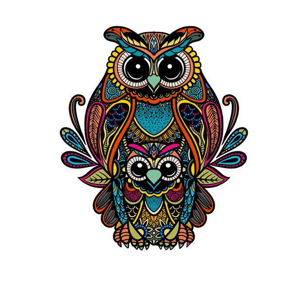 colorful owl zentangle art illustration . Ethnic patterned vector illustration. African, indian, totem, tribal, design. Sketch for adult  coloring page, tattoo, poster, print, t shirt