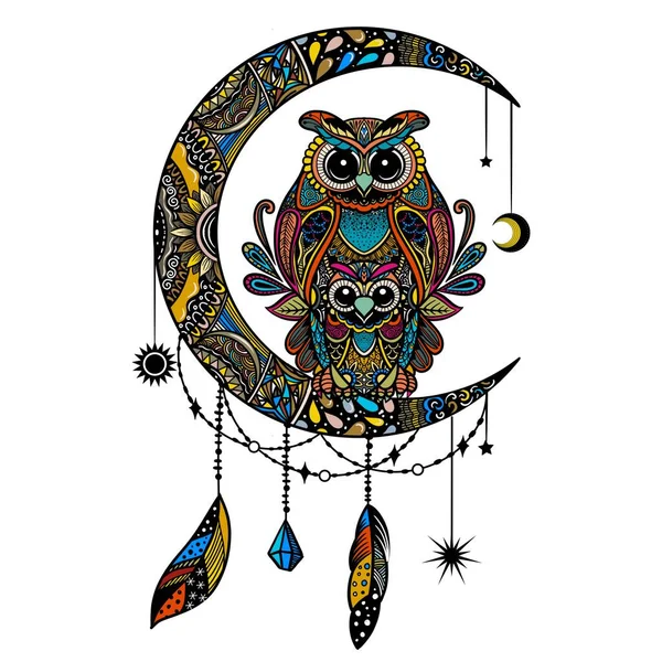 부엉이 일러스트 아프리카인 인도인 디자인 성인용 페이지 포스터 프린트 티셔츠 — 스톡 벡터