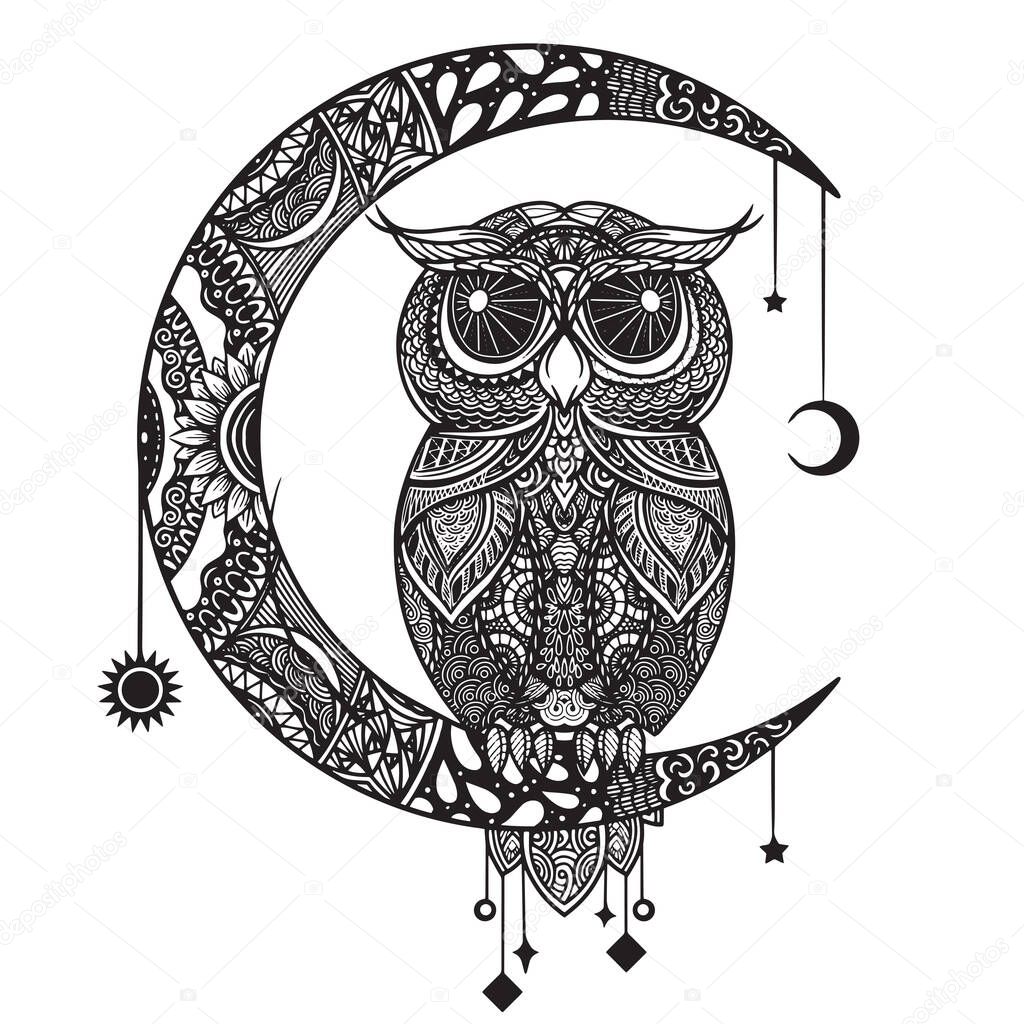 Owl and moon. black and white mandala with abstract ethnic aztec ornament pattern. Owl background. Owl tattoo. Page for coloring book with owl mandala. Zentangle style. Stylized Owl