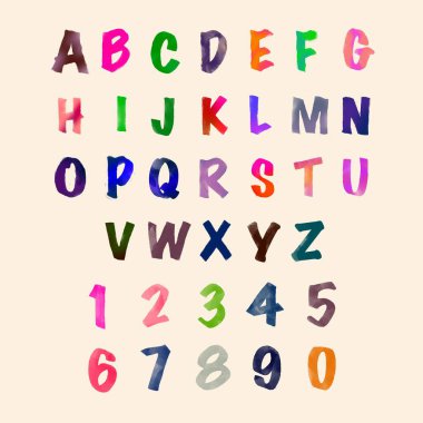 watercolor Paper cut alphabet and number typography Illustrator set 