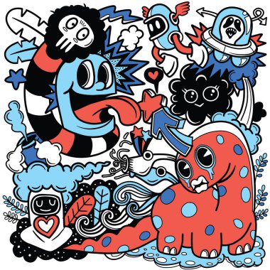  Illustration of Doodle cute Monster background ,Hand drawing Doodle