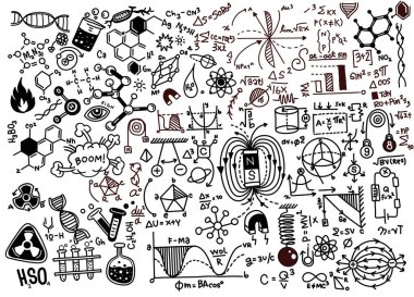 Fiziksel formüller ve fenomen. elle çizilmiş illüstrasyon. scien