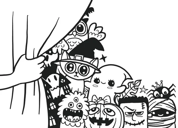 Hand Öffnenden Vorhang Mit Lustigen Monstergruppe Hinter Illustration Von Monstern — Stockvektor