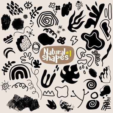 Soyut şekil karalama doğa siluet retro set. El çizimi boho tasarımı element kabı, vazo sürahisi veya kavanoz pulu. Modern konforlu dekor moda şekiller kolaj sanat koleksiyonu. İzole edilmiş vektör