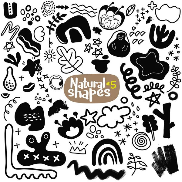 Abstract Shape Trendy Doodle Nature Objects Silhouette Retro Set Hand — Stock Vector