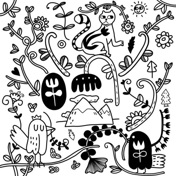 Los Dibujos Tradicionales Garabatos Árboles Flores Pájaros Nubes Línea Son — Vector de stock
