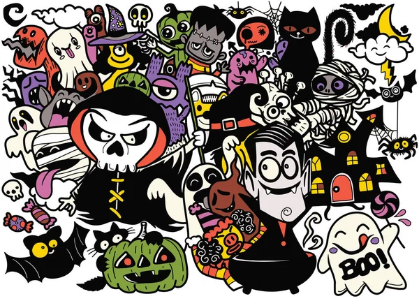 Halloween Illustration Dracula Grim Mummy Witch Surrounding Ghost Lovely Happy — Stok Vektör