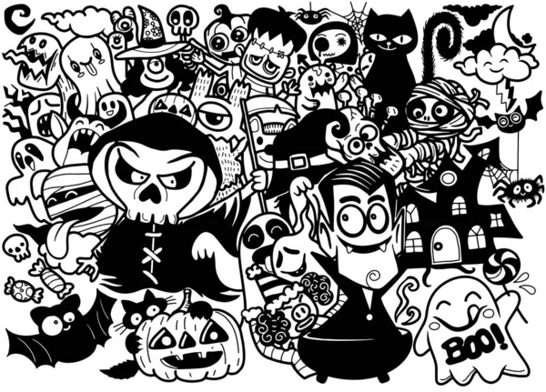 Halloween Illustration Dracula Grim Mummy Witch Surrounding Ghost Lovely Happy — Stockvektor