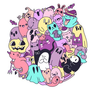 Çemberde küçük şirin bir hayalet, el çizimi, her biri ayrı bir tabaka üzerinde..