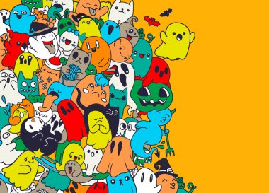 Fotokopi arkaplanı olan Doodle şirin hayaletlerinin vektör çizimi, El çizimi Doodle