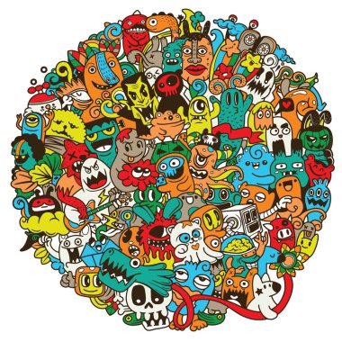 Komik canavarların vektör çizimi şekil şekli El çizimi Cadılar Bayramı 'nı ayrı bir katmana çiziyor..