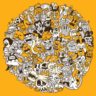 Komik canavarların vektör çizimi şekil şekli El çizimi Cadılar Bayramı 'nı ayrı bir katmana çiziyor..