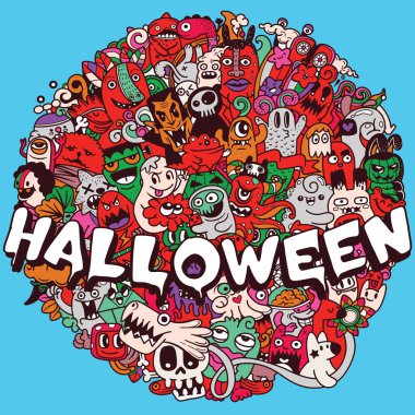 Komik canavarların vektör çizimi şekil şekli El çizimi Cadılar Bayramı 'nı ayrı bir katmana çiziyor..