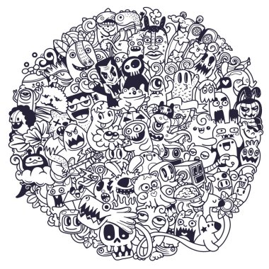 Komik canavarların vektör çizimi boyama kitabı için şekil şekli, El çizimi karalama, her biri ayrı bir katmana..