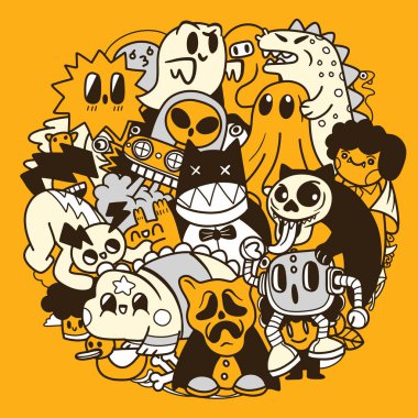 Komik canavarların vektör çizimi şekil şekli El çizimi Cadılar Bayramı 'nı ayrı bir katmana çiziyor..