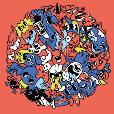 Komik canavarların vektör çizimi şekil şekli El çizimi Cadılar Bayramı 'nı ayrı bir katmana çiziyor..