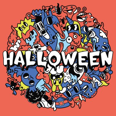 Komik canavarların vektör çizimi şekil şekli El çizimi Cadılar Bayramı 'nı ayrı bir katmana çiziyor..