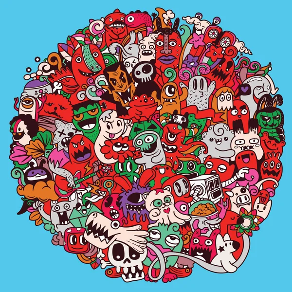 Illustration Vectorielle Motif Forme Cercle Monstres Drôles Dessin Main Halloween — Image vectorielle
