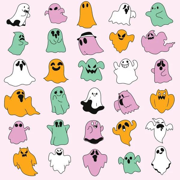 Carino Fantasmi Icone Halloween Design Set Kawaii Colorata Collezione Fantasma — Vettoriale Stock